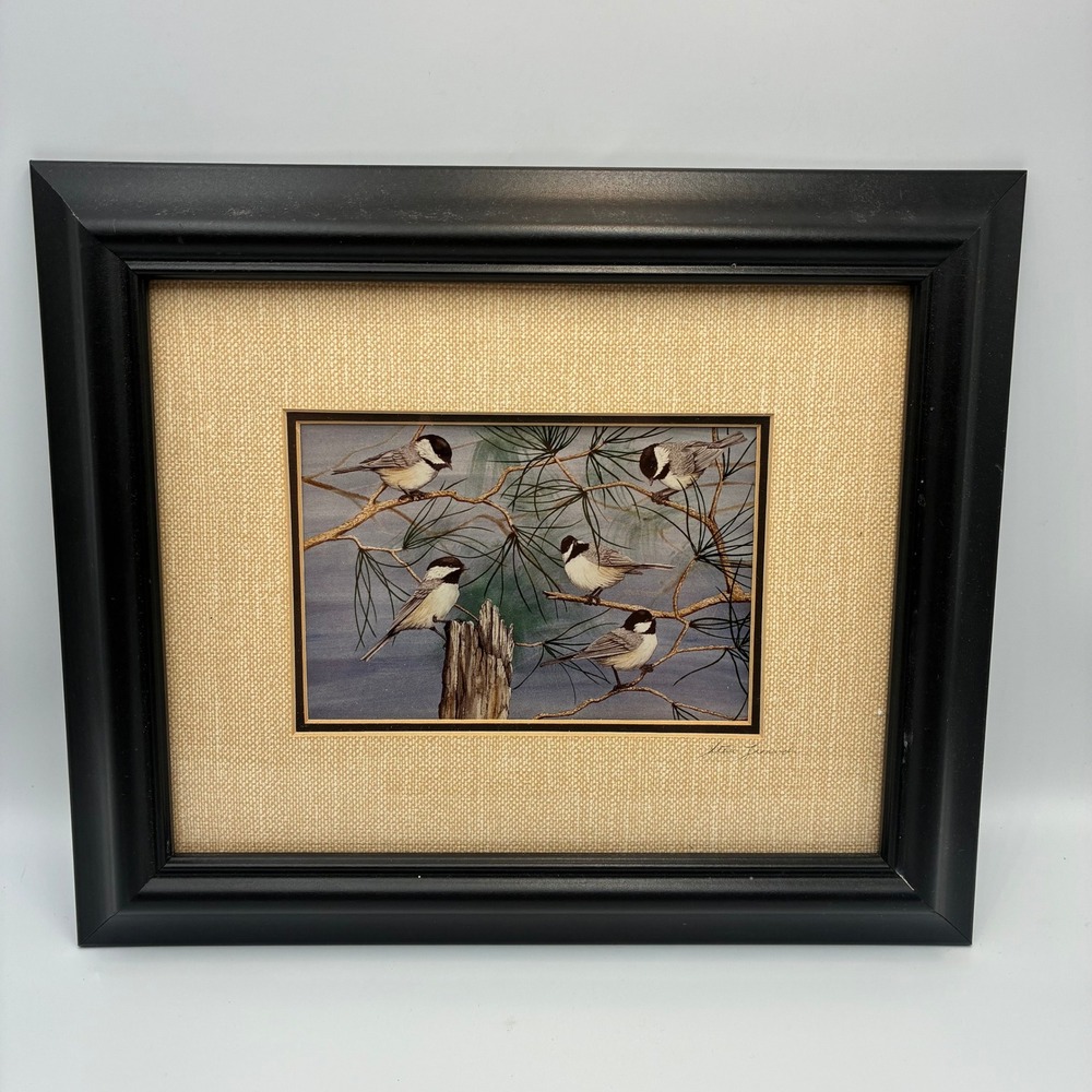 Kathy Leonardi Wildlife Graphics Chickadees Bird Art Framed Print Signed Black